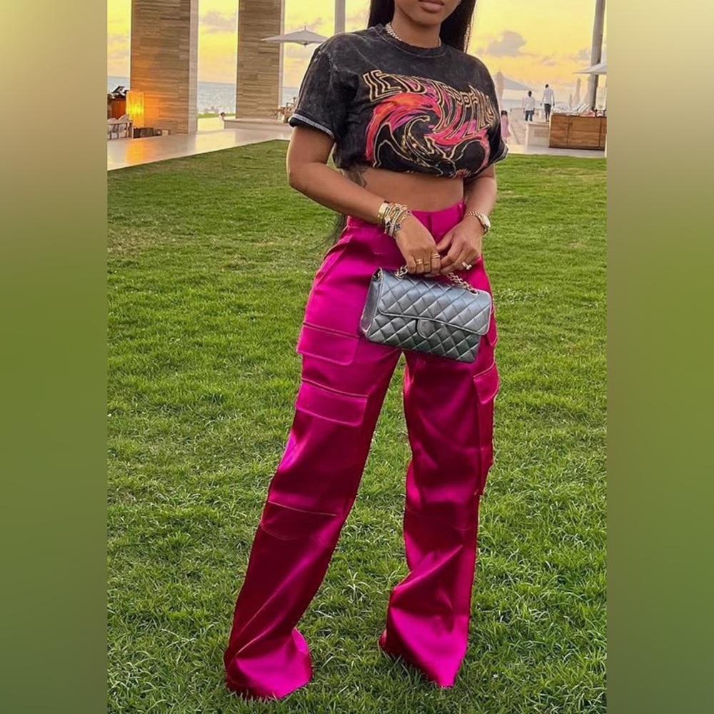 Pink Women’s High Waisted Satin Cargo Pants Wide Leg